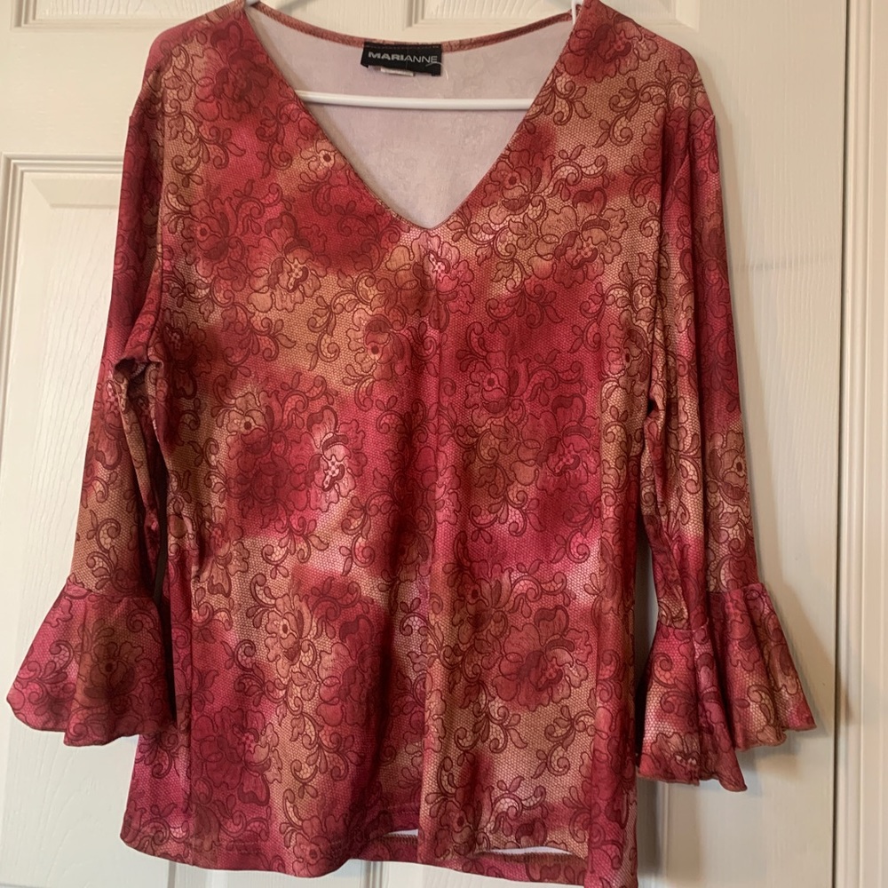 Red Floral Vintage Top with Flared Sleeves